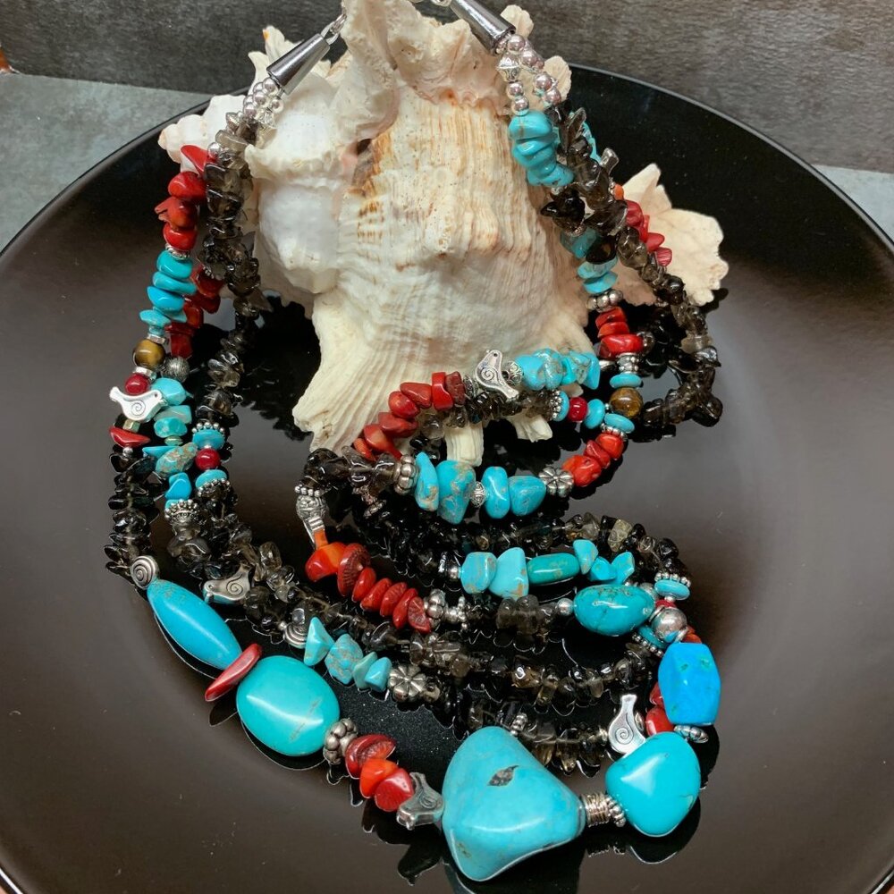 Turquoise Smoky Quartz Coral Stone Silver Bird Handcrafted Southwestern Necklace